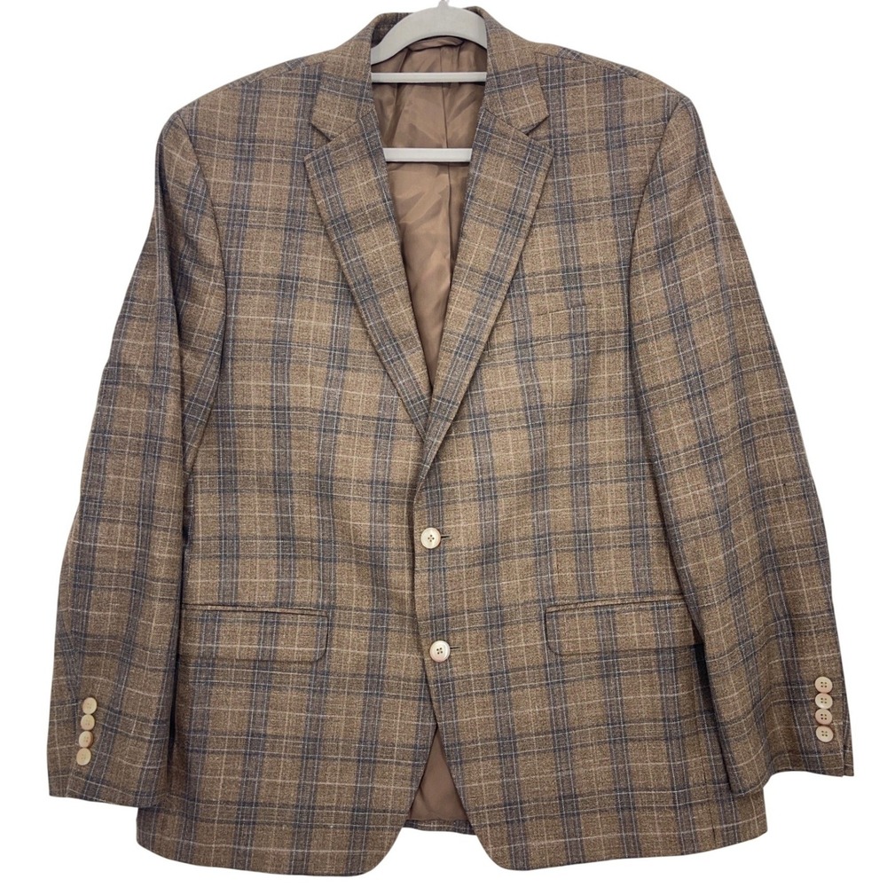Lauren Ralph Lauren Brown Plaid Blazer 43R Wool Silk Linen Blend Sport Coat